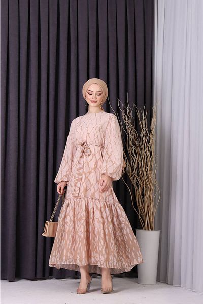 Neşeli Butik γυναικεία σιφόν φούστα βολάν στάμπα ισλαμικό φόρεμα SMS008