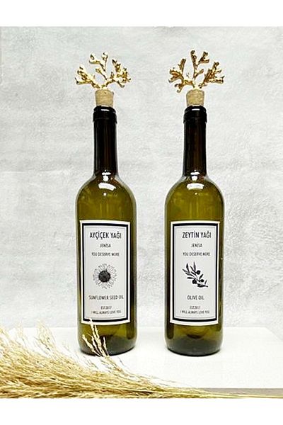 Jenisa 750Ml Green Bottle Oil Pot with Gold Coral Cork Stopper and Label