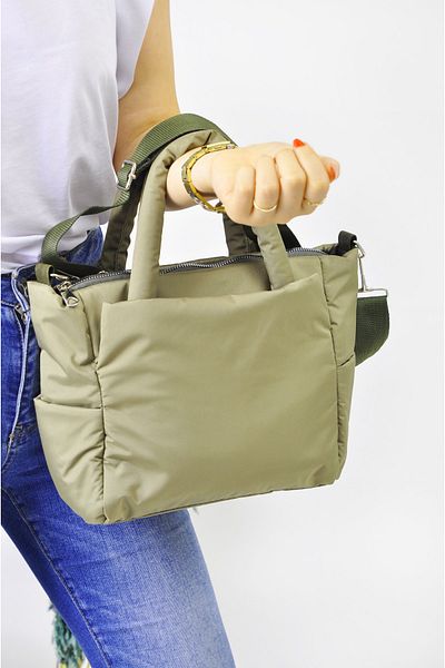 Sellini Women's Khaki Green Embossed Puff Fabric Hand, Shoulder and Crossbody Bag 328