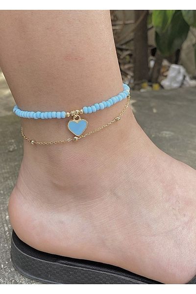 takıtarzım Anklet Heart shaped baby blue chain bead anklet