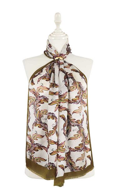 Bursa İpek Khaki Leaf Pattern Silk Scarf