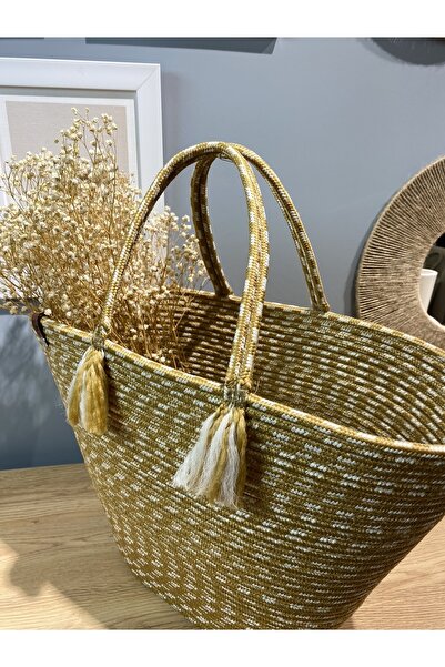 MaVaux Jute Knitted Straw Vegan Beach Bag with Coconut Fringed Handle