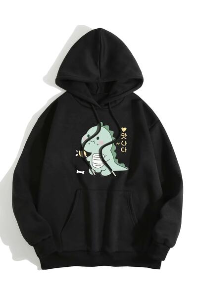 Revasser Unisex Dino Özel Göğüs Baskılı Oversize Bisiklet Yaka Sweatshirt