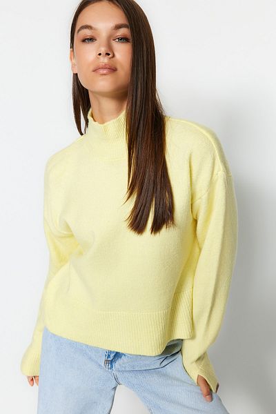 Trendyol Collection Yellow Basic Soft Textured Stand Collar Sleeve Slit Knitwear Sweater TWOAW24KZ00676
