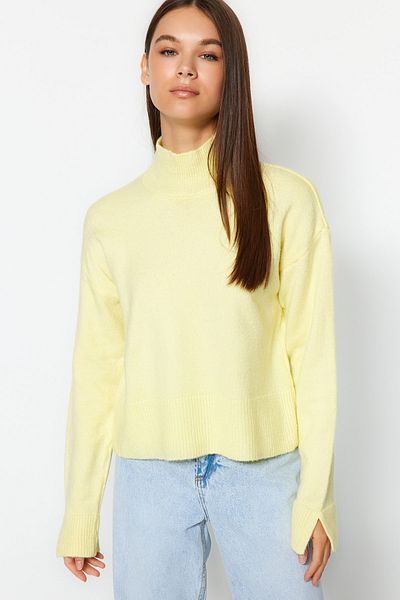 Trendyol Collection Yellow Basic Soft Textured Stand Collar Sleeve Slit Knitwear Sweater TWOAW24KZ00676
