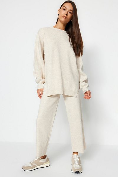 Trendyol Collection Beige Wide Fit Balloon Sleeve Knitwear Top and Bottom Set TWOAW24AU00067