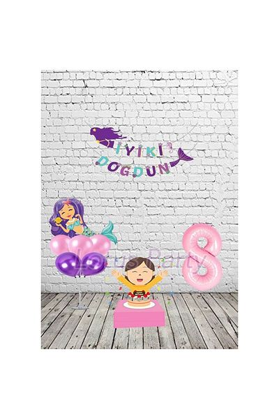 LOTUS PARTY Μίνι σετ γενεθλίων γοργόνας 8 ετών Mermaid Foil Balloon και Banner Pink Purple Balloon Pink Figure