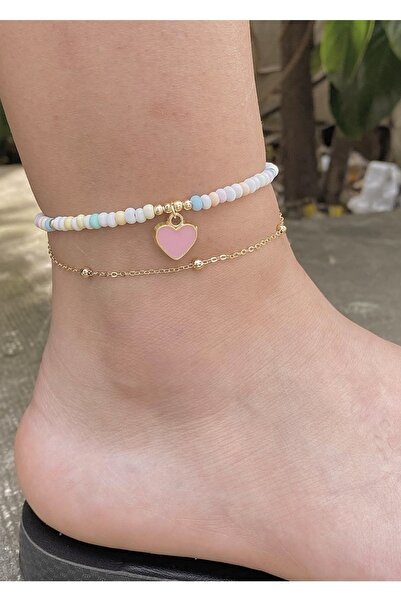 takıtarzım Anklet multi color heart shaped chain bead anklet