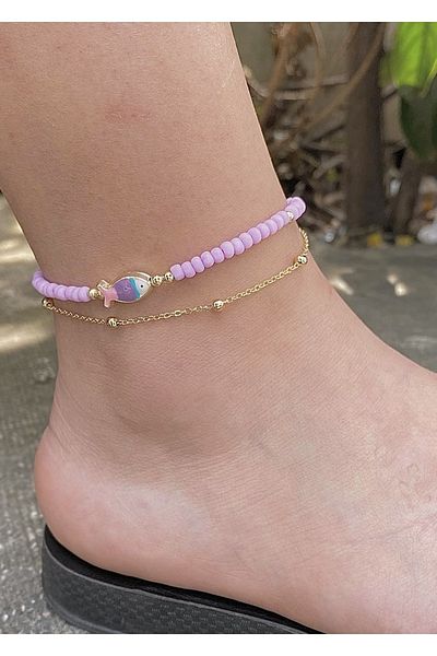 takıtarzım Anklet Lilac Beaded Fish Chain Women's Anklet