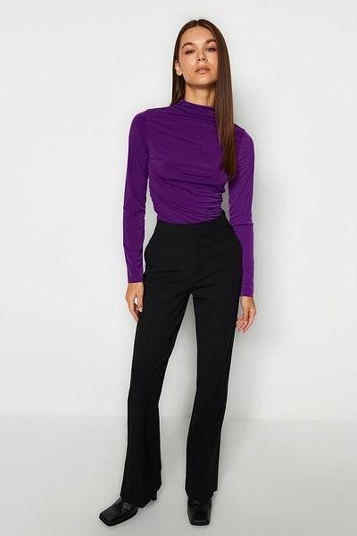 Trendyol Collection Μωβ Gather Λεπτομερής Εφαρμογή Ψηλό Γιακά/Μακρυμάνικο Εφαρμοσμένη Πλεκτή Πλεκτή Μπλούζα TWOAW24BZ00018