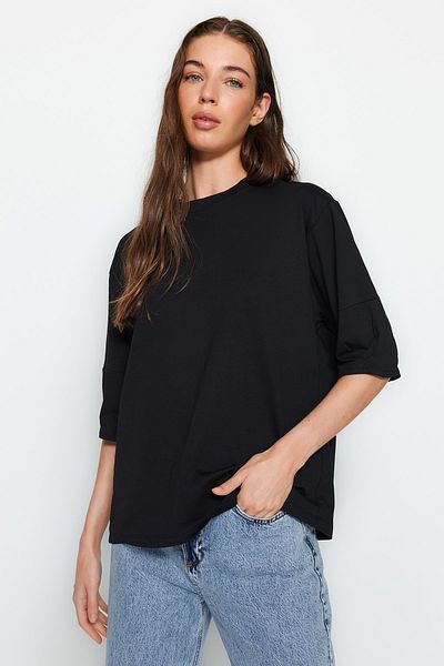 Trendyol Collection Tricou tricotat cu mâneci trei sferturi, negru, 100% bumbac, supradimensionat/larg, TWOAW24TS00001
