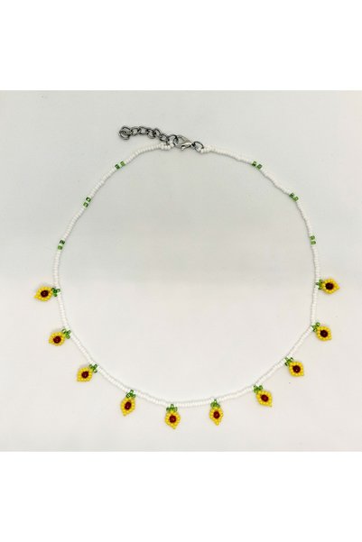 Sam White-Yellow Agate Natural Stone Summer Necklace / Leaf Motif / Handmade Crystal Bead Knitted