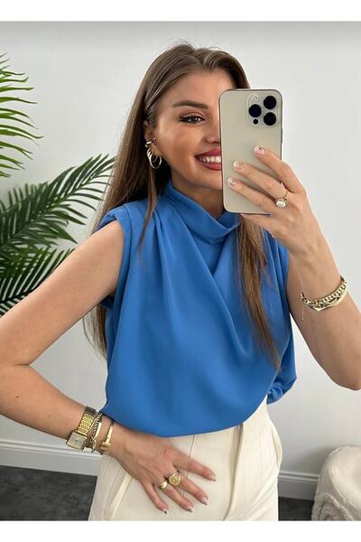 Butik Beyza Women's Degaje Collar Flowing Blouse with Padded Shoulders