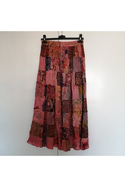 Butik Tülin Otantik viskoz peçvörk pembe çok renk desenli nakışlı astarlı lastikli bağcıklı uzun etek Hint Malı