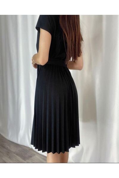merlavin Kadın Siyah , Eteği Pileli Beli Kuşaklı Krep Kumaş Elbise