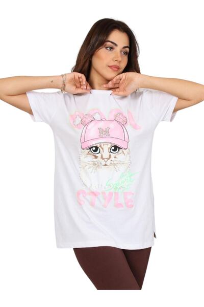 LOVE RAİN FASHİON تي شيرت مطبوع عليه حجر رقمي على شكل قطة