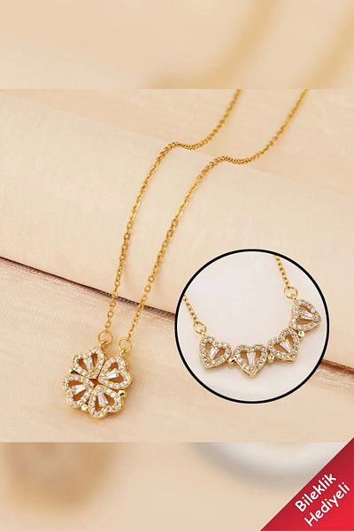 The Collection Zircon Stone Openable Multiple Heart Closed Clover Magnet Tarnish Resistant Gold Steel Necklace