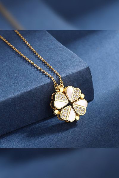 The Collection Mother of Pearl and Zircon Stone Openable Four Heart Closing Clover Magnet Tarnish Resistant Gold Steel Necklace