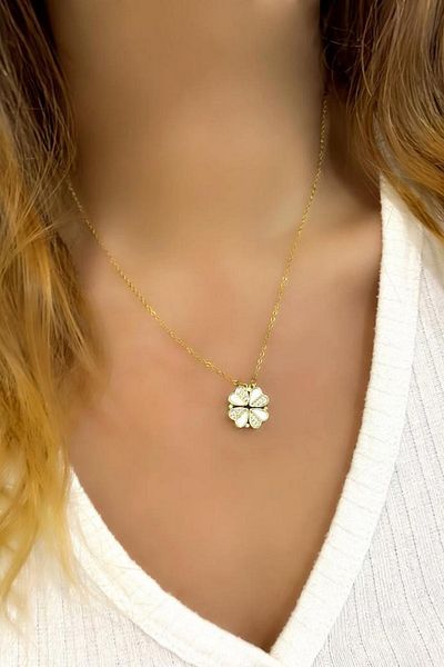 The Collection Mother of Pearl and Zircon Stone Openable Four Heart Closing Clover Magnet Tarnish Resistant Gold Steel Necklace