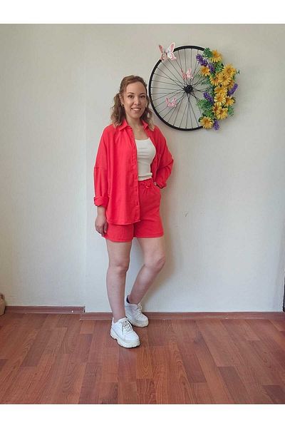 MADAME MELEK Set de pantaloni scurți de cămașă de culoare mare cu flori de rodie din țesătură de in