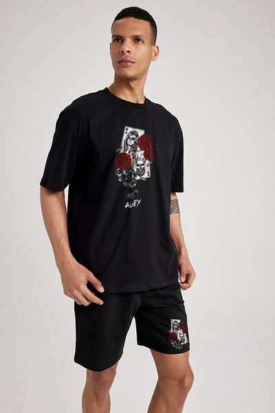 aynewmoda Men's Card Print T-Shirt and Shorts Set