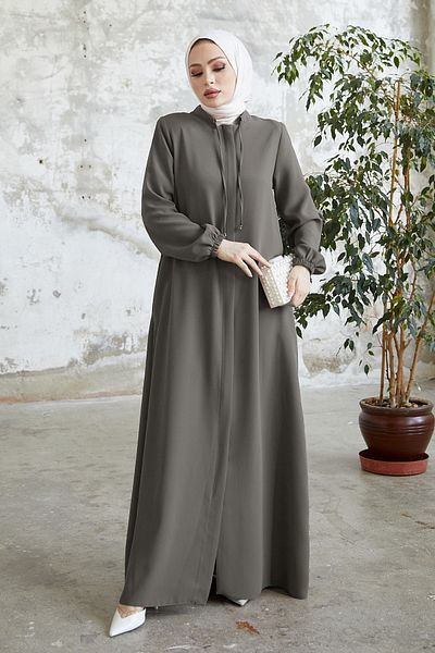 InStyle Abaya s krajkovým límcem a skrytou légou - šedá
