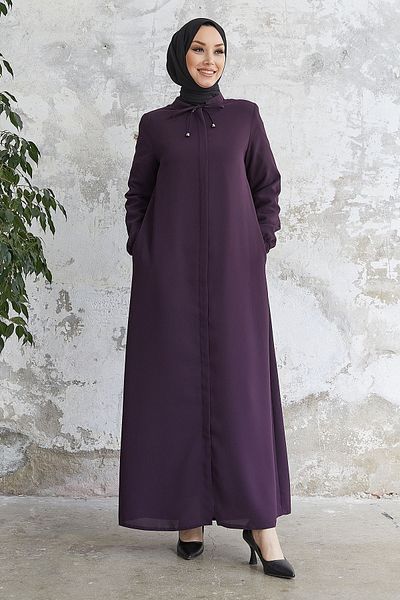 InStyle Abaya with Lace Collar and Hidden Placket - Plum
