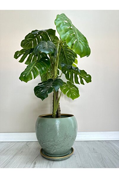 odka 40litre Küre Saksı Tabaklı 37cmx37cm Lily Mint Yeşili-beyaz-gold