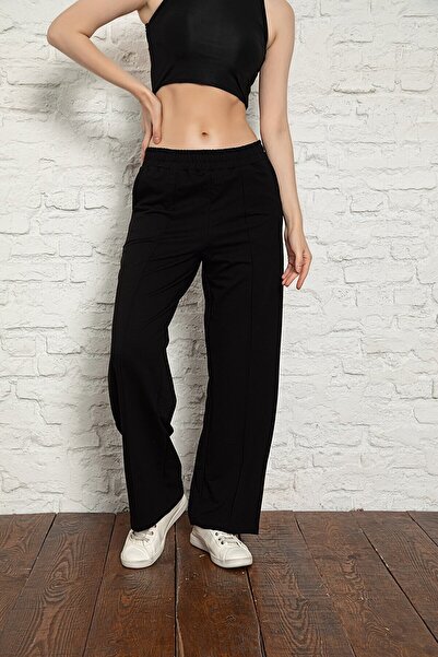 MyBen Γυναικεία μαύρη φούτερ με ριγέ φαρδιά πόδι με δύο κλωστές 2022-slm057