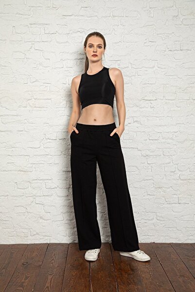 MyBen Γυναικεία μαύρη φούτερ με ριγέ φαρδιά πόδι με δύο κλωστές 2022-slm057