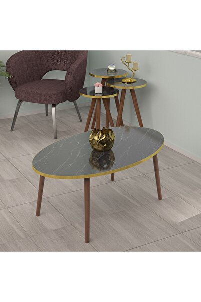 GOLDFALEZ Zigon Sehpa Ve Orta Sehpa Set Ahşap Torna Elips ALTIN Siyah Mermer ...