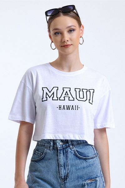 MD trend Women's White Printed Crew Neck Basic Crop T-shirt