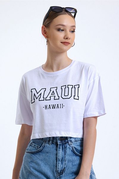 MD trend Women's White Printed Crew Neck Basic Crop T-shirt
