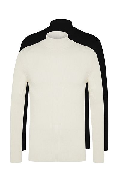 Trendyol Collection Schwarz-Ecru Slim Fit Baumwolle halber Rollkragen Gummi stricken 2er-Pack Strickpullover TMNAW22KZ1919
