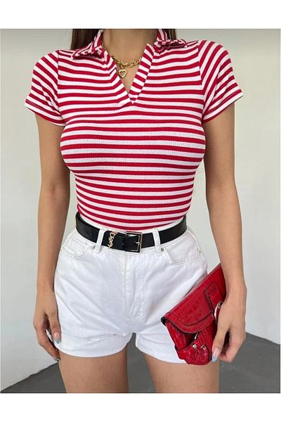 Lunaberry Women's Polo Neck Short Sleeve Camisole Crop Blouse Black and White Striped (Above Belly Line)