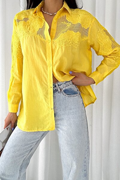 FEMELLE Women's Yellow New Season Transparent Detailed Embroidery Wide Fit Oversize 100% Cotton Shirt