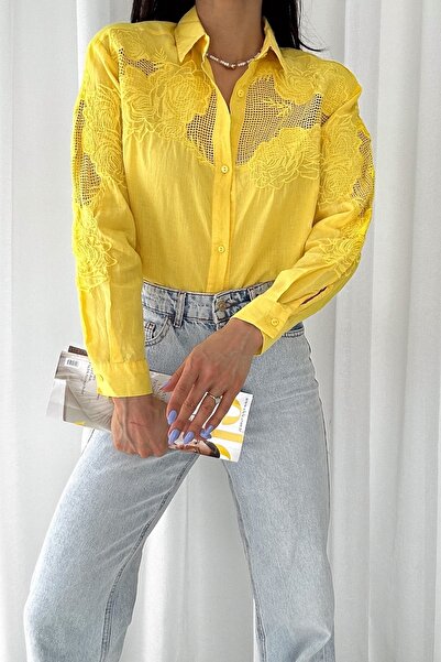 FEMELLE Women's Yellow New Season Transparent Detailed Embroidery Wide Fit Oversize 100% Cotton Shirt