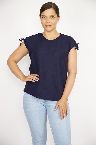 Şans Women's Navy Blue Large Size Shoulder Lace-Up Polyester Fabric Blouse 65n36548