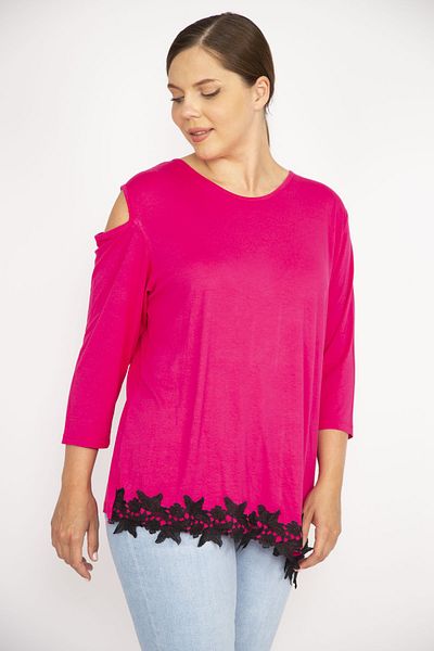 Şans Women's Fujya Large Size One-Shoulder Low-Cut Hem Lace Blouse 65n36150