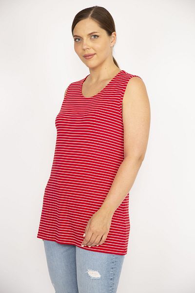 Şans Women's Red Plus Size Sleeveless Striped Lycra Viscose Blouse 65n36579