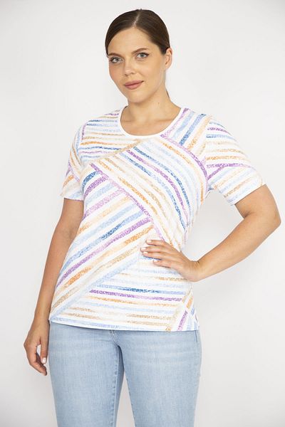 Şans Women's Colorful Large Size Cotton Fabric Crew Neck Short Sleeve Blouse 65n36606