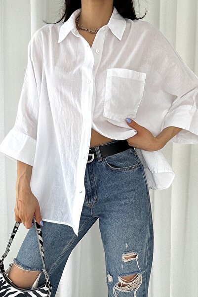 FEMELLE Women's White Poor Sleeve Single Pocket Oversize Cotton Shirt