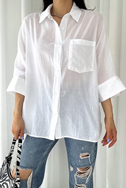 FEMELLE Women's White Poor Sleeve Single Pocket Oversize Cotton Shirt
