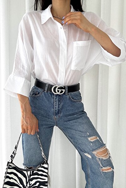 FEMELLE Women's White Poor Sleeve Single Pocket Oversize Cotton Shirt