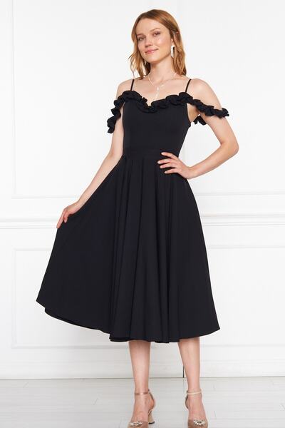 lovebox Atlas Fabric Nastavitelný popruh Volán Detailní límec Skládaný večerní černé Midi šaty 421