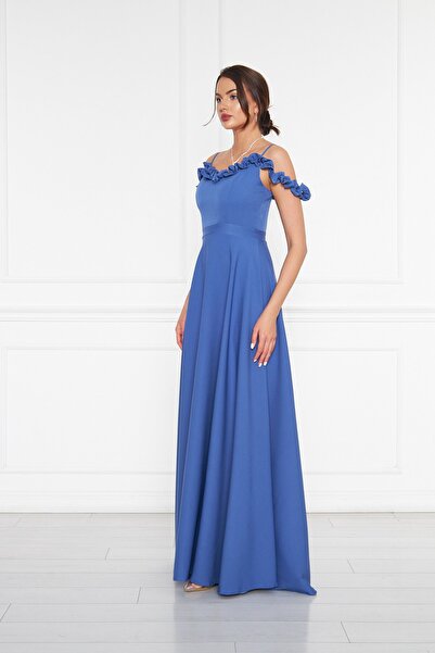 Bidoluelbise Kadın Ayarlanabilir Askılı Fırfır Detay Dokuma Kumaş Maxi Kloş Abiye Elbise