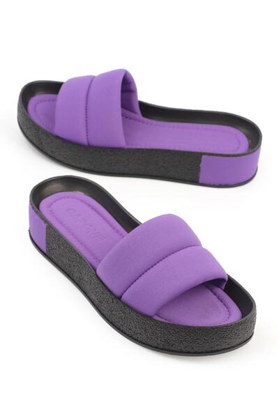 Capone Outfitters Capone Quilted Banded Colorful Detailed Wedge Heel Matte Satin Purple Women's Slippers