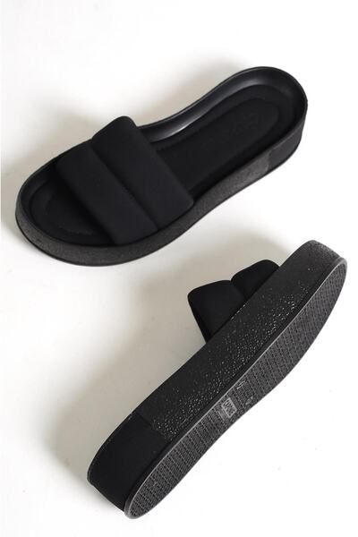 Capone Outfitters Capone Quilted Banded Colorful Detailed Wedge Heel Matte Satin Black Women's Slippers