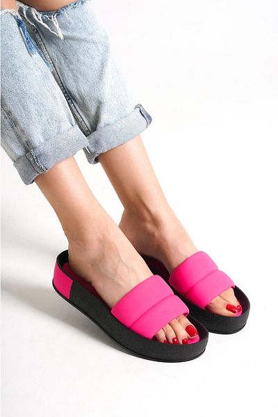 Capone Outfitters Capone Quilted Banded Colorful Detailed Wedge Heel Matte Satin Fuchsia Women's Slippers