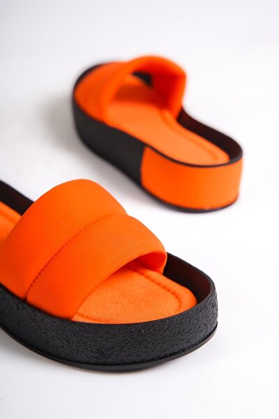 Capone Outfitters Capone Quilted Banded Colorful Detailed Wedge Heel Matte Satin Orange Women's Slippers